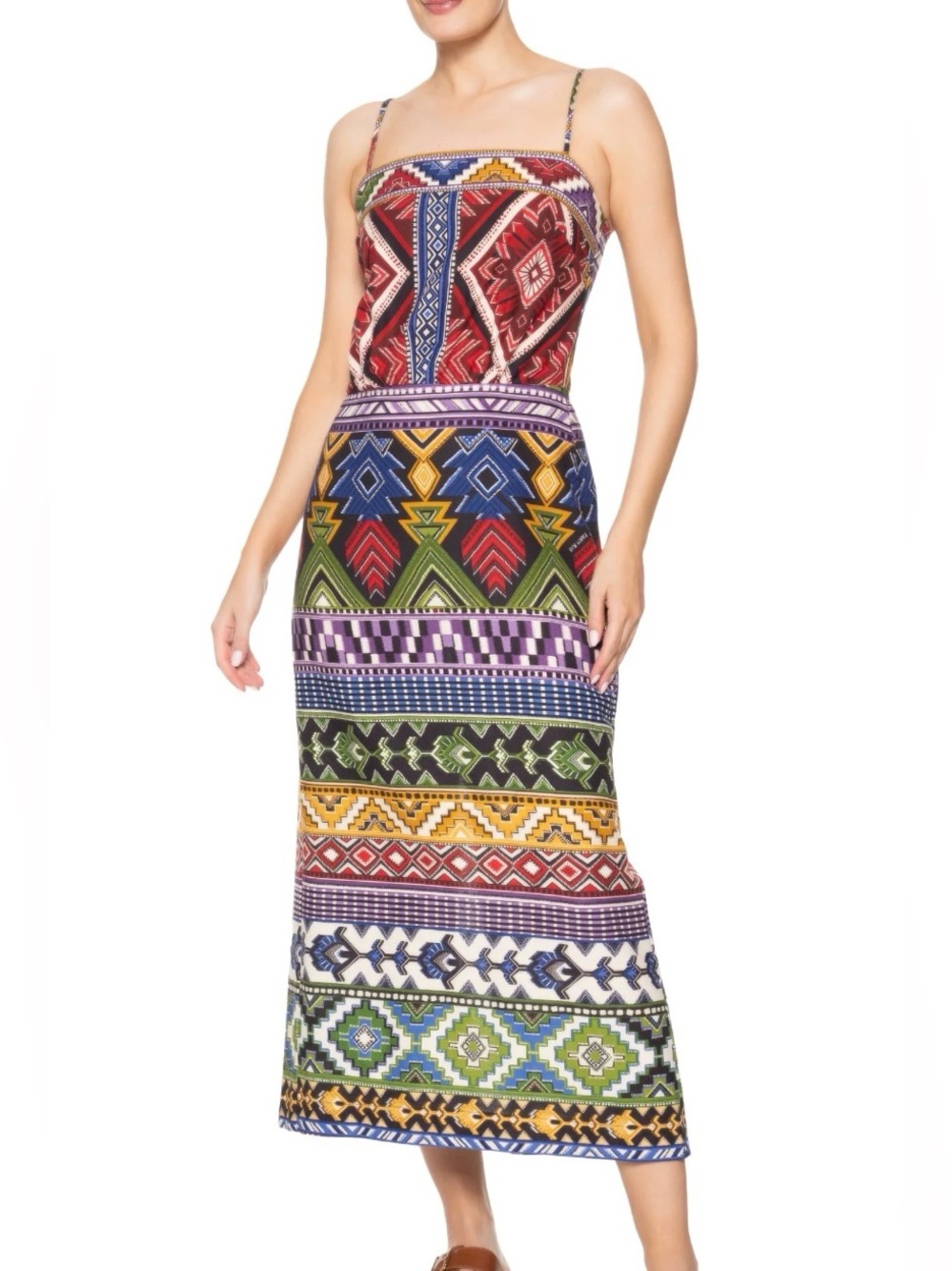 Farm Rio Linen Blend Multicolor Tribal Print Sleeveless Midi Dress